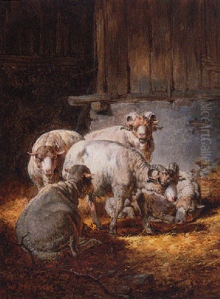 Sheep In A Barn Oil Painting by August Gerasch