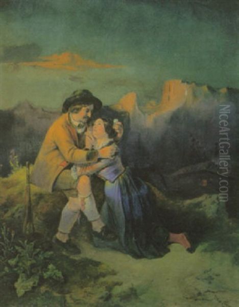 Stelldichein Von Wildschutz Und Sennerin Bei Abenddammerung Oberhalb Der Sennhutte Im Gebirge Oil Painting by August Gerasch