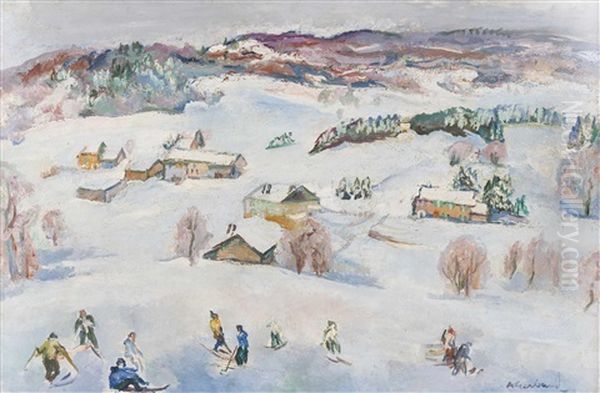 Ski-vergnugen In Franzosischer Voralpenlandschaft Oil Painting by Abel Gerbaud