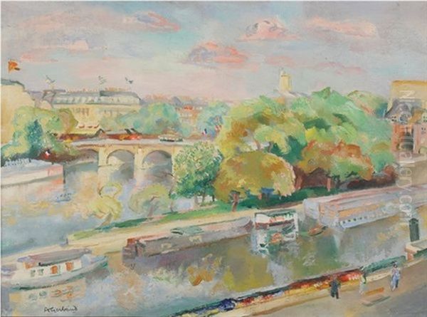 Peniches Sur La Seine Oil Painting by Abel Gerbaud