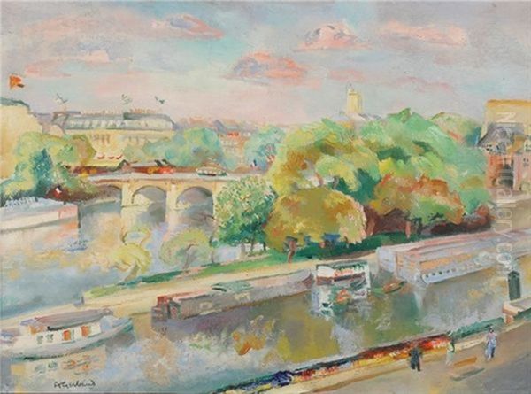 Peniches Sur La Seine Oil Painting by Abel Gerbaud