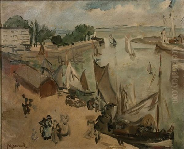 Barques A Voile A Quai Dans Un Port Du Nord Oil Painting by Abel Gerbaud