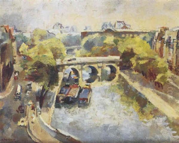 La Seine A Paris, Le Louvre Oil Painting by Abel Gerbaud