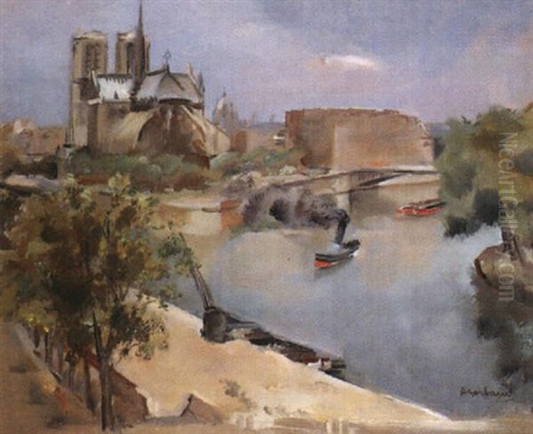 Le Remorqueur Pres De Notre-dame Oil Painting by Abel Gerbaud