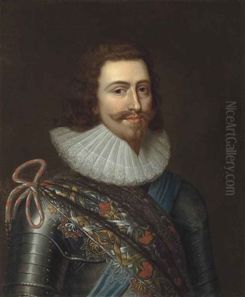 Portrait Of George Villiers (1592-1628), 1st Duke Of Buckingham, Half-length, In Armour And A Ruff, Wearing A Multi-coloured Baldric And... Oil Painting by Balthazar Gerbier d'Ouvilly