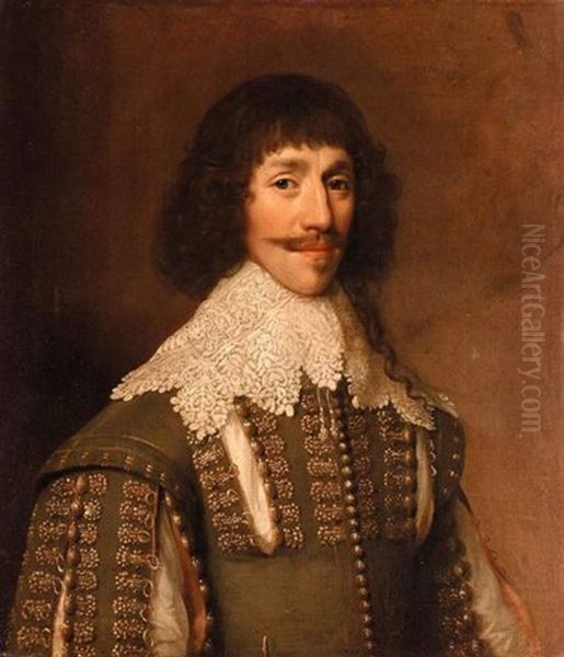 Portrait Of A Gentleman Wearing A Green Tunic Embroidered With Gold, And A White Lace Collar Oil Painting by Balthazar Gerbier d'Ouvilly