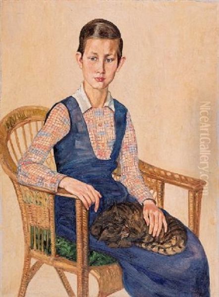 Madchen Mit Katze Im Korbstuhl Oil Painting by Alexander Gerbig