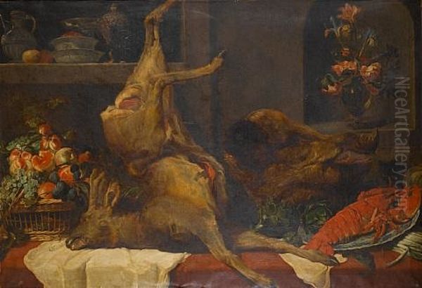 A Deer, A Boar's Head, A Basket Of Grapes, Peaches And Plums On A Table Oil Painting by Eduard Gerdes