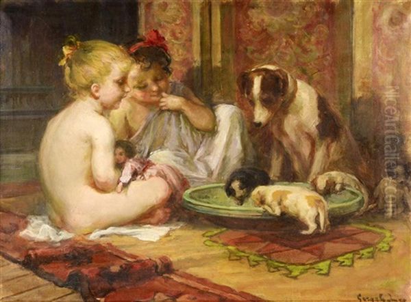 Children With Puppies. Two Girls Playing With A Doll And Watching With Interest A Group Of Puppies Refreshing Themselves Oil Painting by Imre Gergely