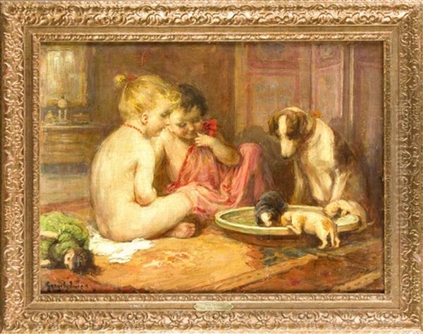 Interieur Mit Kindern Und Hunden Um Eine Wasserschale Oil Painting by Imre Gergely