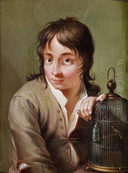 Seated Boy With A Bird's Cage, Symbolising The Hearing Oil Painting by Johann Friedrich Gerhard