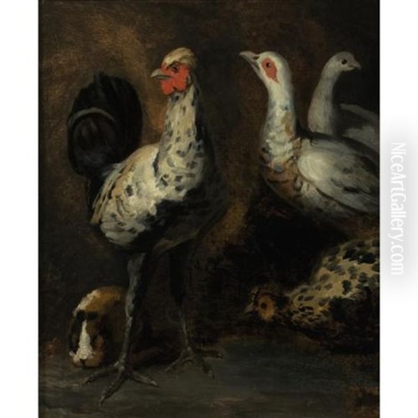 A Rooster, Three Chickens And A Guinea Pig Oil Painting by Theodore Gericault