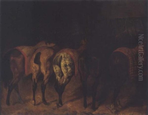 Chevaux A L'ecurie Oil Painting by Theodore Gericault