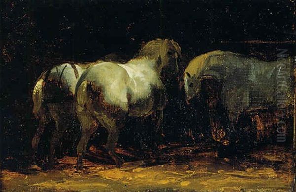 Trois Chevaux Dans Une Ecurie Oil Painting by Theodore Gericault