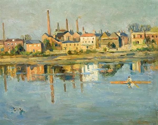 Ohne Titel (industrielandschaft Am Wasser) Oil Painting by Emil Von Gerliczy