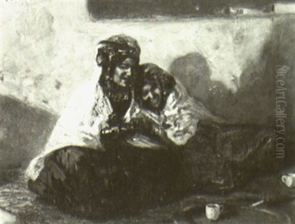 Ouled Nails Sur La Terrasse A Bou-saada Oil Painting by Alphonse Leon Germain-Thill