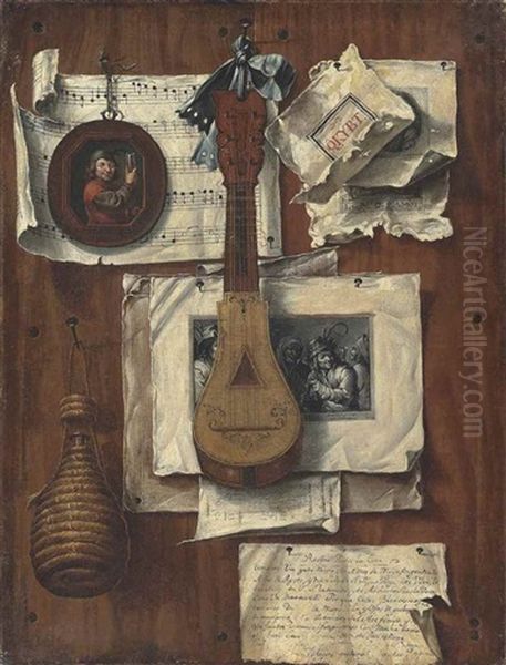 A Trompe L'oeil Of Prints, Sheet Music, A Hand-written Recipe, A Page Of Arithmetic, A Miniature, A Cittern And A Wicker Flask Pinned To Planks Of Wood Oil Painting by Bernardo German Llorente