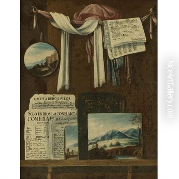 Trompe L'oeil Still Life With Newspapers, Sheet Music, Oil Paintings And Other Objects Resting On A Wood Shelf Oil Painting by Bernardo German Llorente