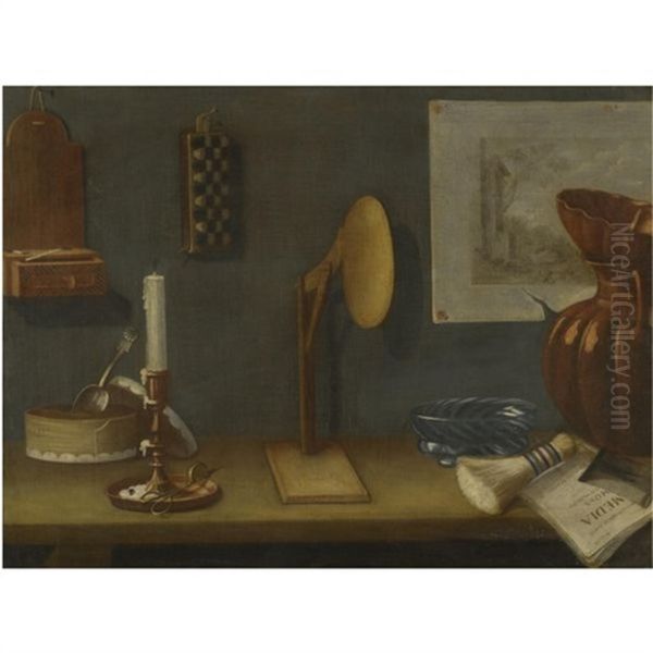 A Still Life With A Candlestick, A Box Of Sweets With A Spoon, Scissors, A Mirror, A Glass Bowl, A Shaving Brush, The Sheets Of A Play And A Jug On A Wooden Table, A Trompe L'oeil Drawing Hanging On The Wall Together With A Box Oil Painting by Bernardo German Llorente