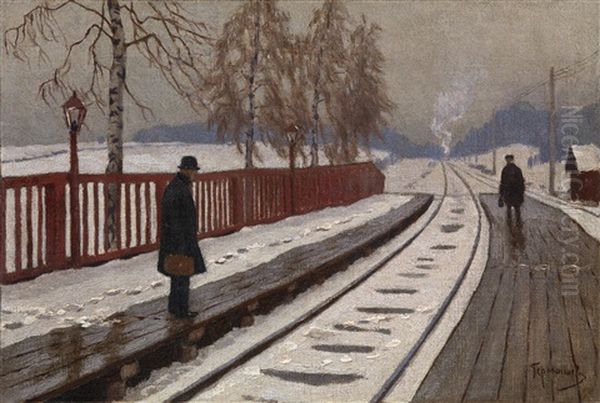 Winter Street Scene And On The Platform, Two Works Oil Painting by Mikhail Markianovich Germanshev