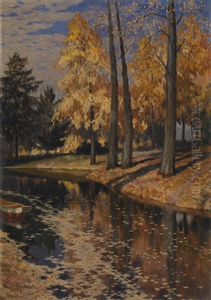 A Park Lake In Autumn Oil Painting by Mikhail Markianovich Germanshev