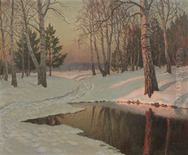 Paysage D'hiver Au Soleil Couchant Oil Painting by Mikhail Markianovich Germanshev