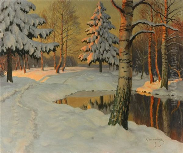 Sunset In The Woods Oil Painting by Mikhail Markianovich Germanshev