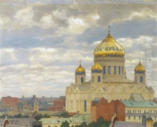 View Of Cathedral Of Christ The Saviour, Moscow Oil Painting by Mikhail Markianovich Germanshev