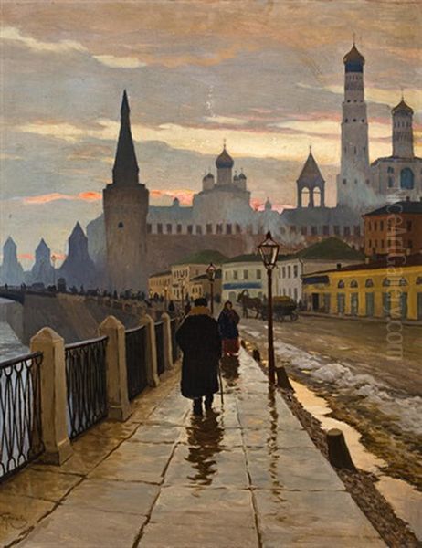 A View Of The Kremlin From The Moscow River Embankment Oil Painting by Mikhail Markianovich Germanshev