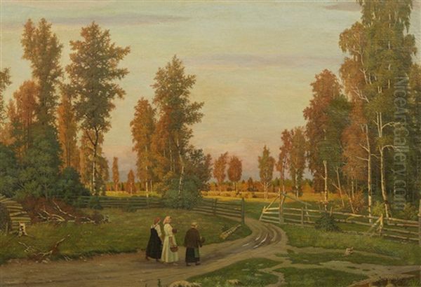 Peasants Returning Home At Sunset Oil Painting by Mikhail Markianovich Germanshev