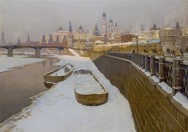 View Of The Kremlin From The Embankment Of The Moskva River Oil Painting by Mikhail Markianovich Germanshev