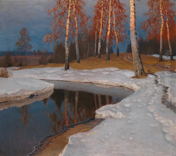 Winterliche Flusslandschaft Oil Painting by Mikhail Markianovich Germanshev