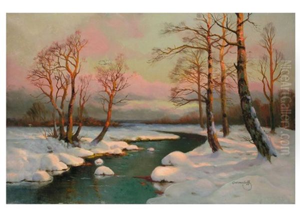 Winterliche Flusslandschaft Oil Painting by Mikhail Markianovich Germanshev