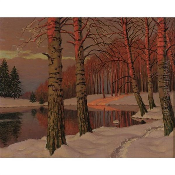 Winter Twilight Oil Painting by Mikhail Markianovich Germanshev