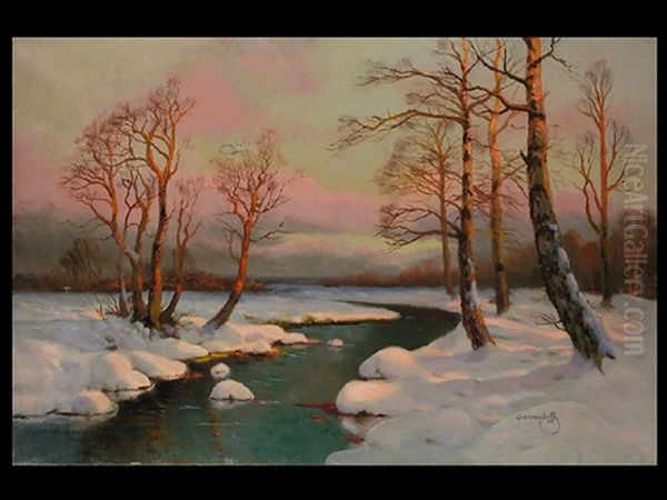 Winterliche Flusslandschaft Oil Painting by Mikhail Markianovich Germanshev