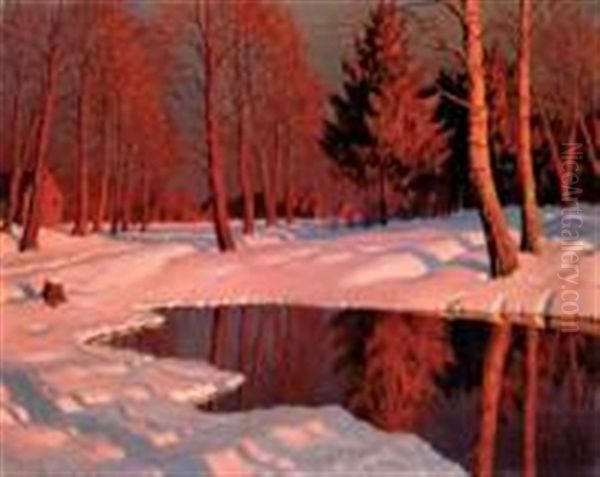 Bord De Riviere Sous La Neige Oil Painting by Mikhail Markianovich Germanshev