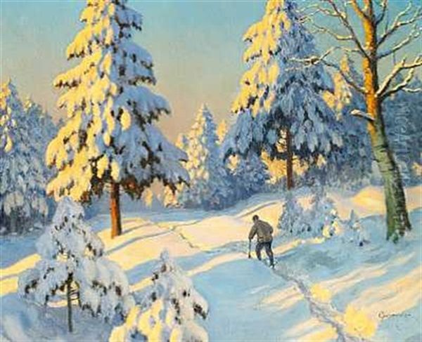 Winter Landscape With A Man Walking Through The Snow Oil Painting by Mikhail Markianovich Germanshev