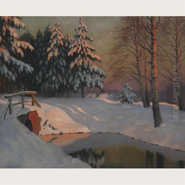 Winter Stream, Sunset Oil Painting by Mikhail Markianovich Germanshev