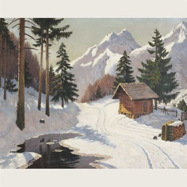 Cabin In A Mountainous Winter Landscape Oil Painting by Mikhail Markianovich Germanshev