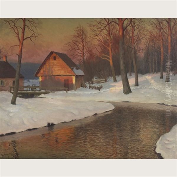 Riverside Cabins On A Winter's Eve Oil Painting by Mikhail Markianovich Germanshev