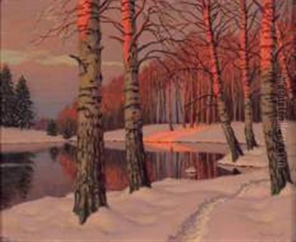 Paysage De Neige Au Soleil Couchant Oil Painting by Mikhail Markianovich Germanshev