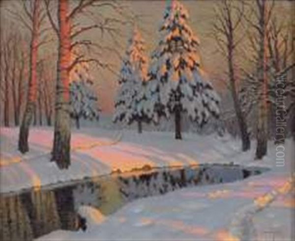 Sapins Sous La Neige Oil Painting by Mikhail Markianovich Germanshev