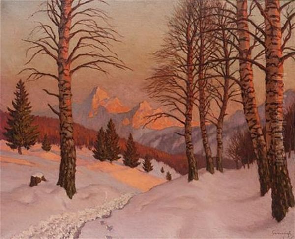 Sunset In The Mountains Oil Painting by Mikhail Markianovich Germanshev