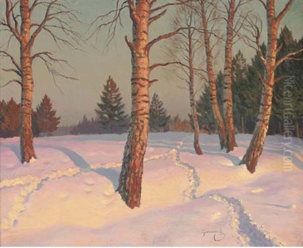 Tracks In The Snow Oil Painting by Mikhail Markianovich Germanshev