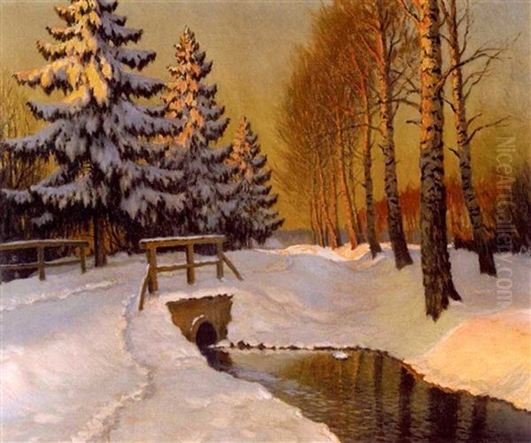 A Winter Landscape With A Stream And A Bridge At Sunrise Oil Painting by Mikhail Markianovich Germanshev