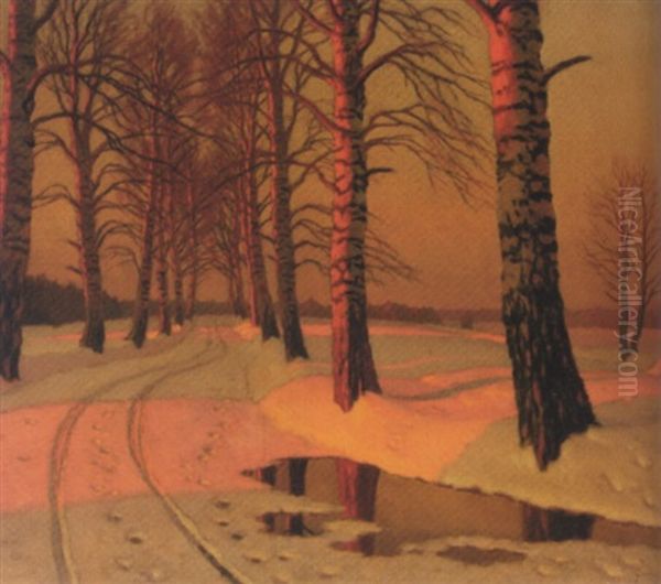 Winter Landscape (+ Another, Similar; Pair) Oil Painting by Mikhail Markianovich Germanshev