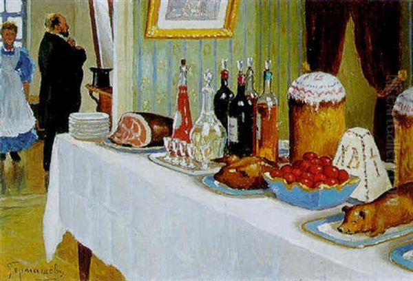 Der Ostertisch, Reichgedeckte Tafel In Grosburgelichem Interieur Oil Painting by Mikhail Markianovich Germanshev