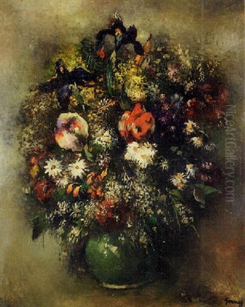 Bouquet De Fleurs Au Vase Vert Oil Painting by Paul Elie Gernez