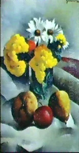 Vase De Fleurs Et Nature Morte Aux Fruits Oil Painting by Paul Elie Gernez