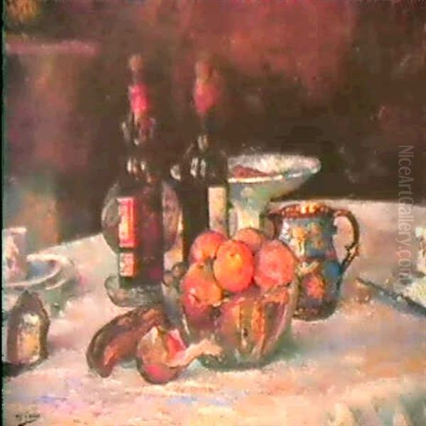 Nature Morte Aux Bouteilles, Et Fruits (2) Oil Painting by Paul Elie Gernez